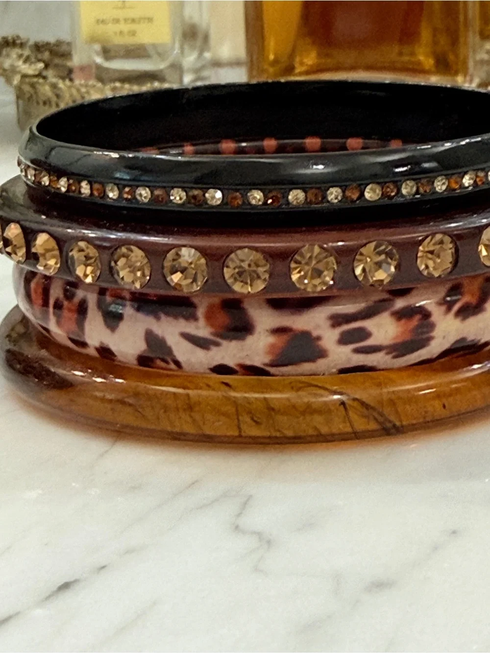 Vintage Lucite and Metal Leopard Print Decorative Bangles